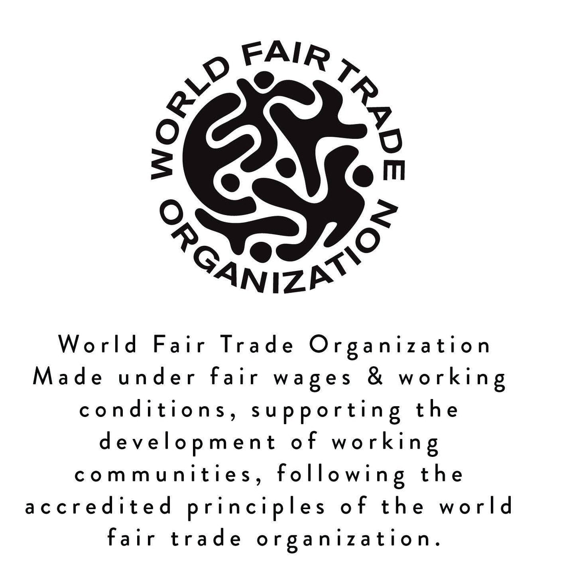 Black World Fair Trade Organization logo with text, certifying Reds And Pinks Striped Dinner Candles are ethically made.