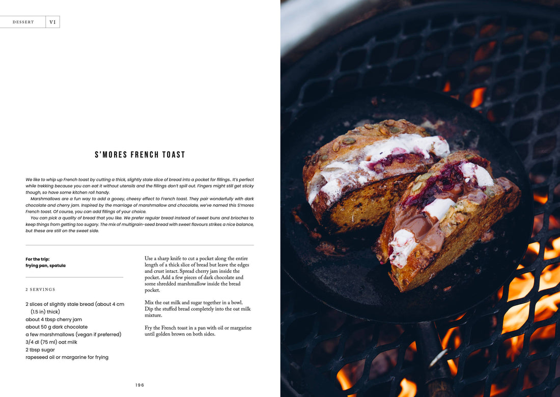 Food Over the Campfire print book, S'mores French Toast recipe page with image of the dessert cooking over a campfire grill.
