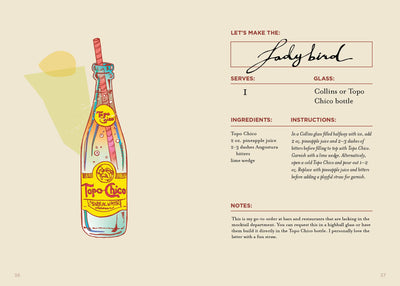 
                    
                      Booze-Free Barcart Book open page with Ladybird mocktail recipe. Detailed illustration of colorful Topo Chico bottle with…
                    
                  