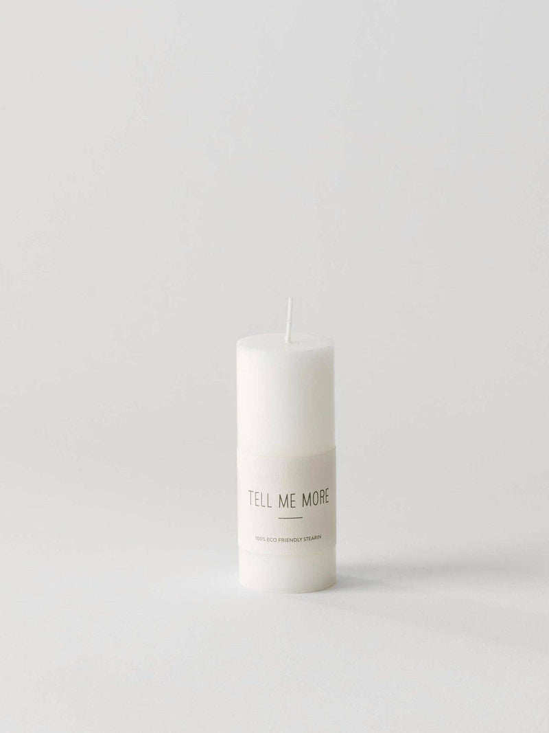 Tell Me More Luna Stearin Candle, white stearin, upright front view on white.