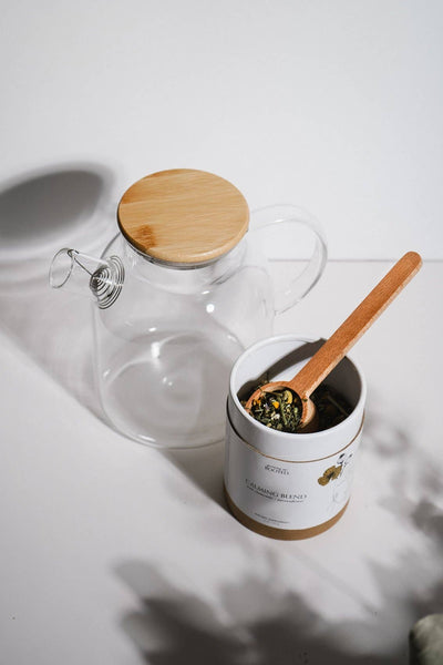 
                    
                      Heat-Resistant Glass Teapot, clear borosilicate glass with natural bamboo lid and stainless steel infuser, angled view…
                    
                  