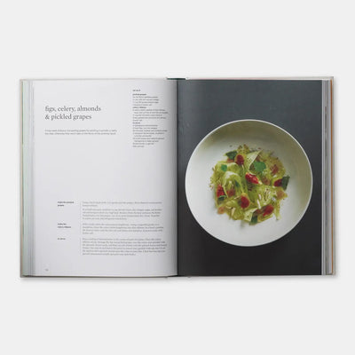 
                    
                      On Vegetables cookbook open to 'figs, celery, almonds & pickled grapes' recipe, with a photo of the vibrant green and red…
                    
                  