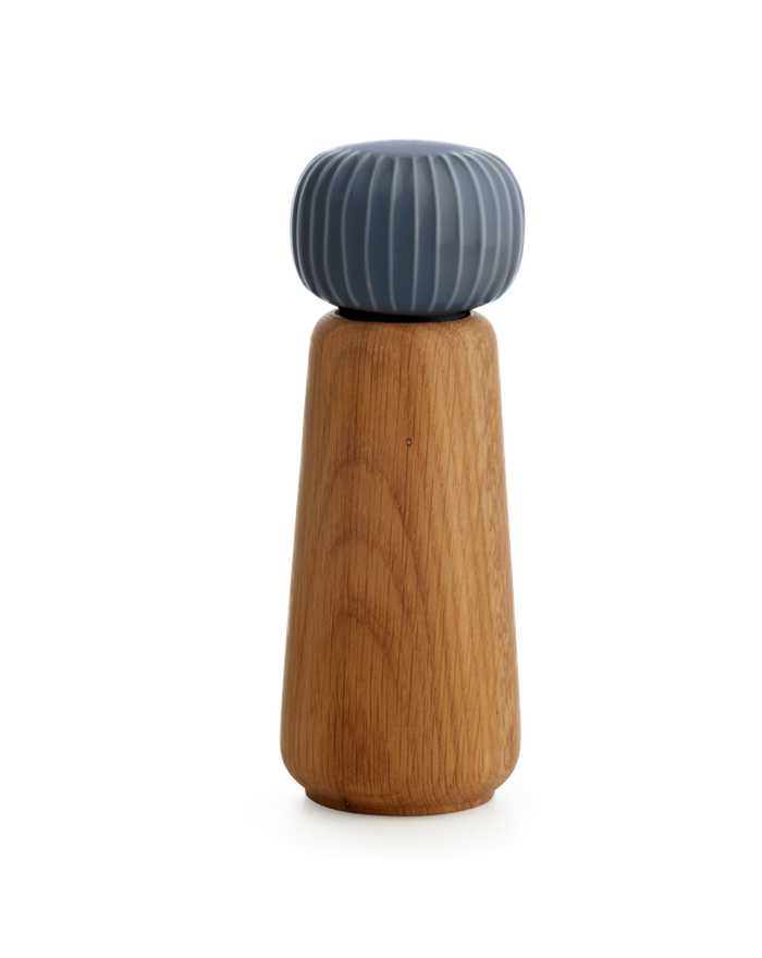 Hammershøi Oak & Ceramic Spice Grinder, ribbed blue-grey porcelain knob, oiled oak body, upright front view on white.