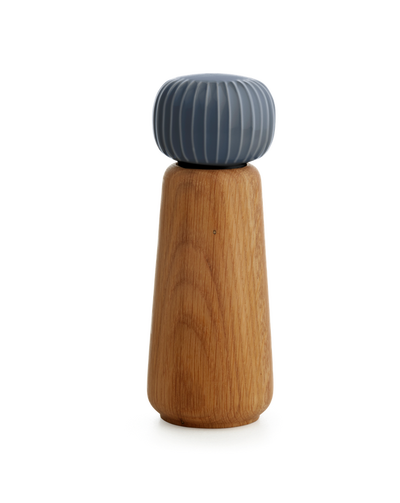 
                    
                      Hammershøi Oak & Ceramic Spice Grinder, ribbed blue-grey porcelain knob, oiled oak body, upright front view on white.
                    
                  