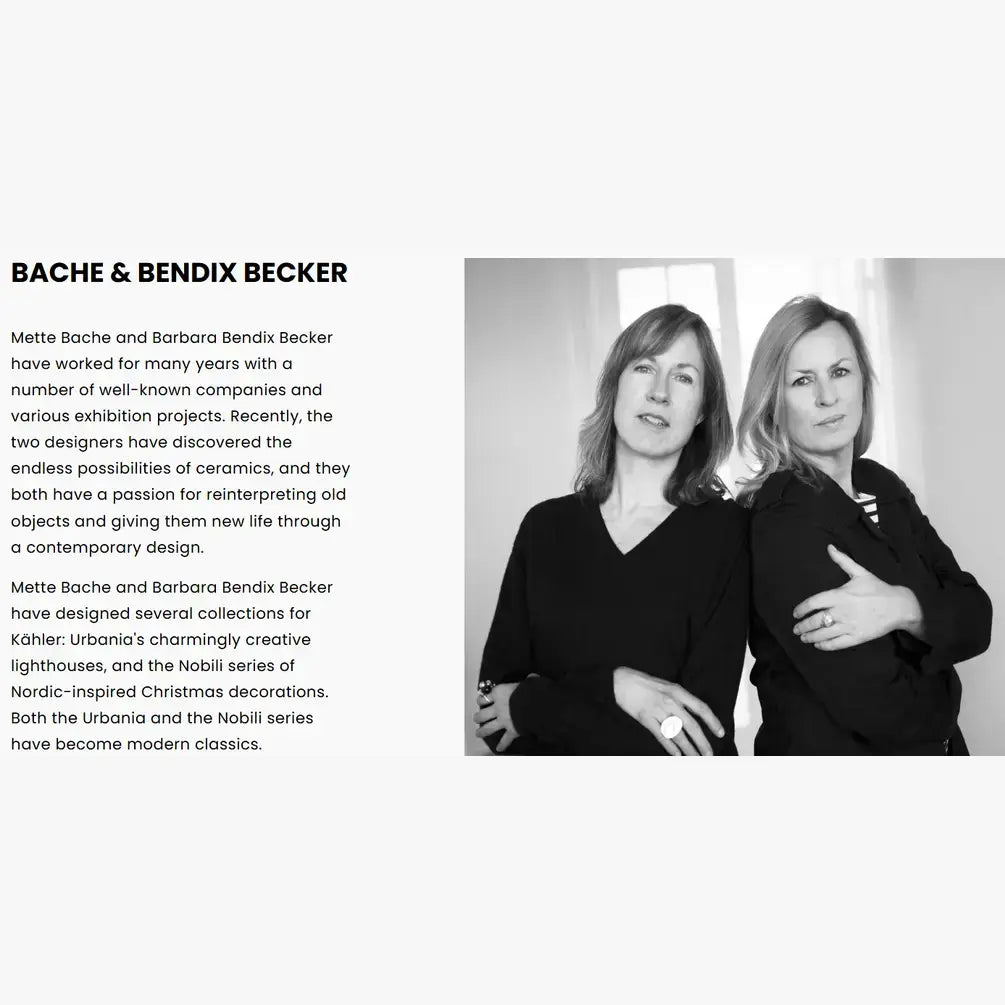 Mette Bache and Barbara Bendix Becker, designers for Danish Design Collective, smiling black and white portrait.
