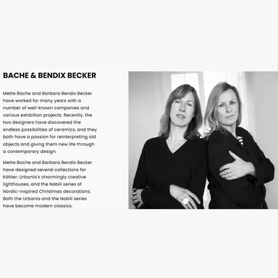 
                    
                      Mette Bache and Barbara Bendix Becker, designers for Danish Design Collective, smiling black and white portrait.
                    
                  