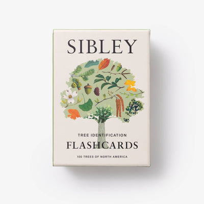 
                    
                      Sibley Tree Identification flashcards, cream box cover with diverse colorful tree illustration showing leaves, nuts, and…
                    
                  