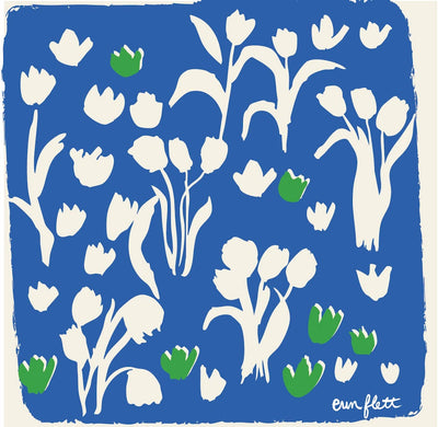 
                    
                      Laura Pouch cosmetic pouch, Tulips pattern detail: white stylized tulips and green leaves on a royal blue cotton barkcloth…
                    
                  