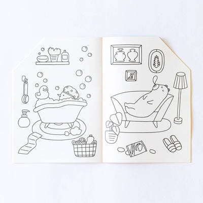 
                    
                      Jumbo House Paper Coloring Book, open flat displaying interior pages with black line art of a bear bathing and a bear…
                    
                  