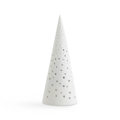 
                    
                      Nobili Ceramic Cone tealight candle holder, white bone china ceramic with a perforated hole pattern and wavy detail, angled…
                    
                  