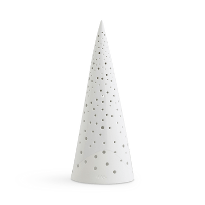 
                    
                      Danish Design Collective Nobili Ceramic Cone tealight candle holder, white bone china, perforated pattern, front on white.
                    
                  