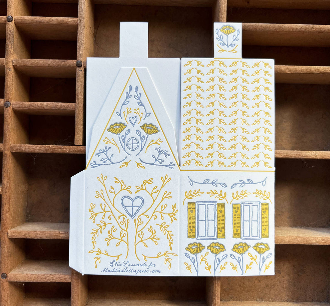 Blackbird Letterpress Home Is Where You Are 3D Die-Cut House Card, white cotton paper with yellow & blue letterpress floral…