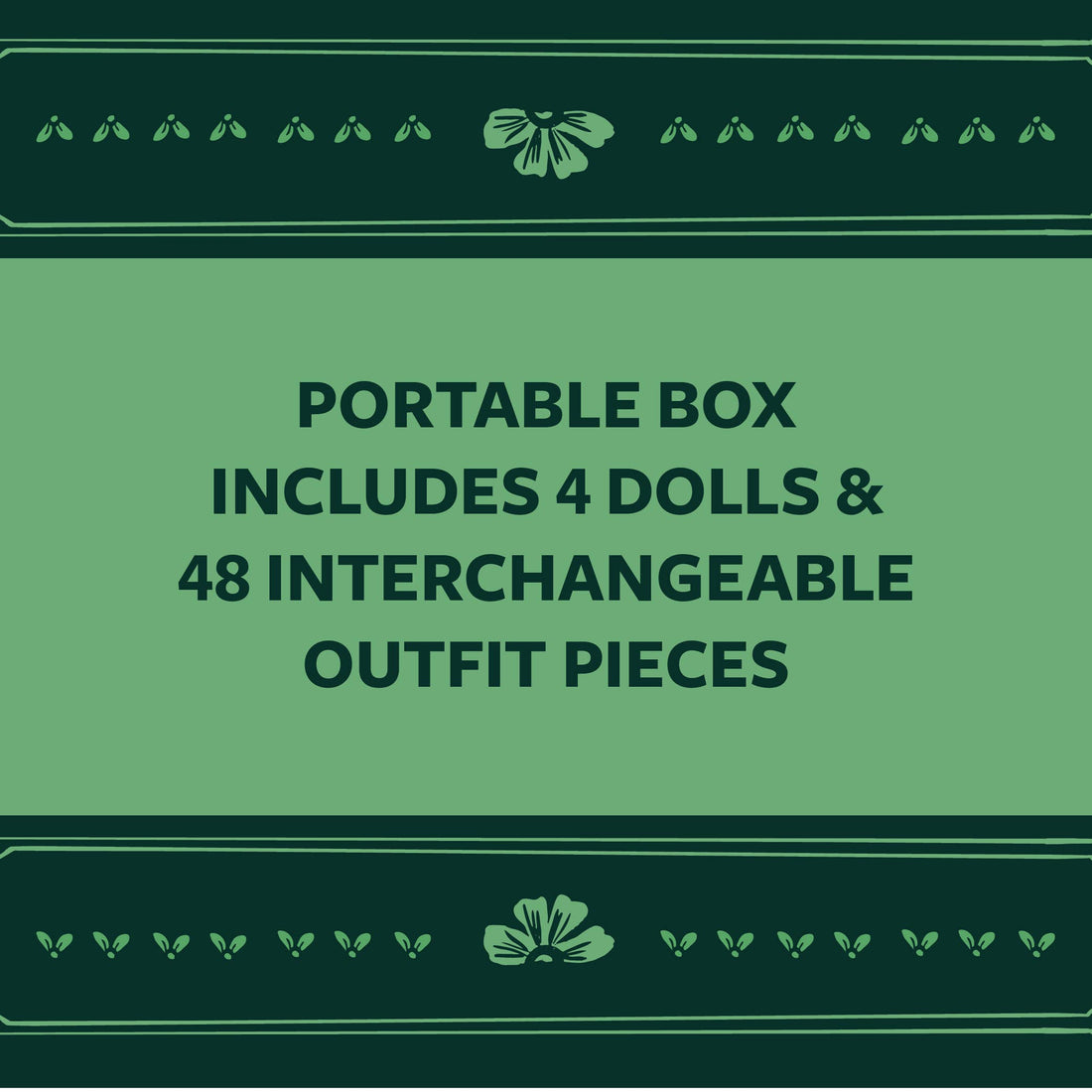 Fearless Fashion magnetic doll set graphic, green with dark green border, detailing portable box contents: 4 dolls & 48…