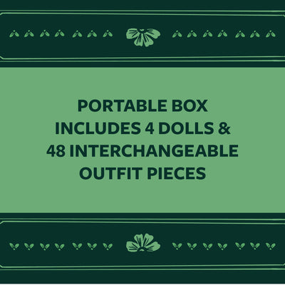 
                    
                      Fearless Fashion magnetic doll set graphic, green with dark green border, detailing portable box contents: 4 dolls & 48…
                    
                  