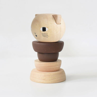 
                    
                      Wooden Ring Stacker toy, Cat design, natural rubberwood and dark brown pieces, close-up of stacked toy with cat face detail.
                    
                  
