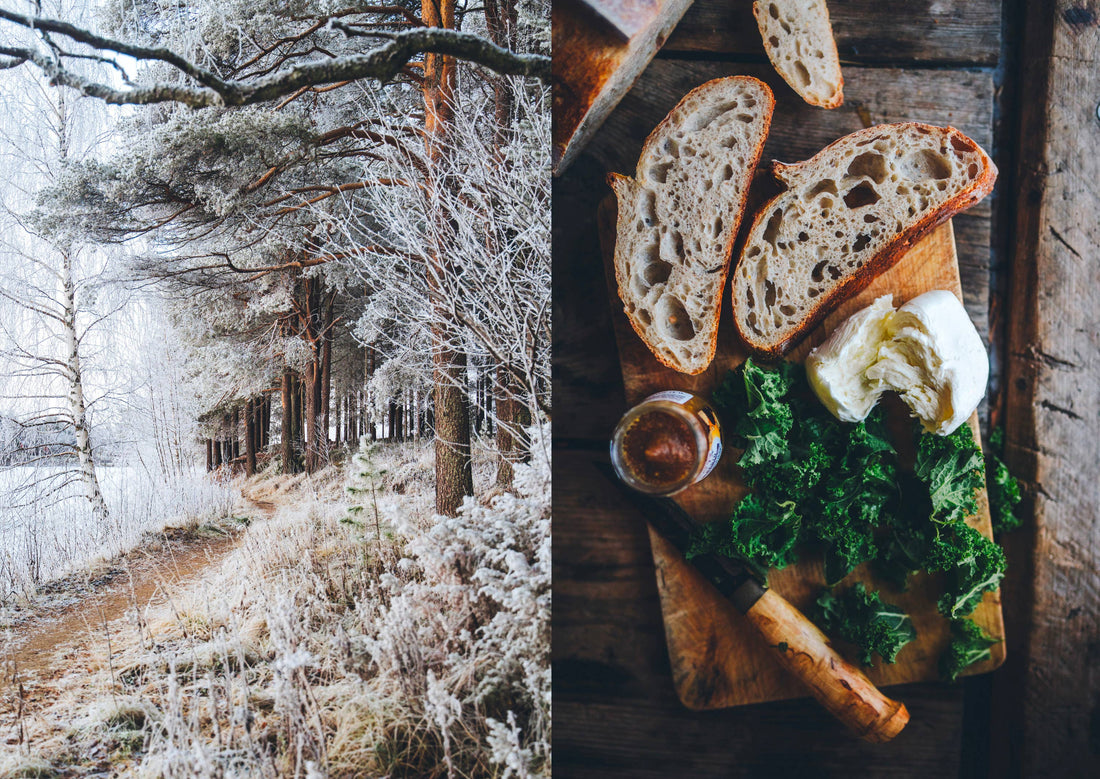Thematic image for Food Over the Campfire print book: frosty winter forest path, rustic food spread with bread, cheese, kale.