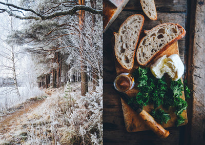 
                    
                      Thematic image for Food Over the Campfire print book: frosty winter forest path, rustic food spread with bread, cheese, kale.
                    
                  