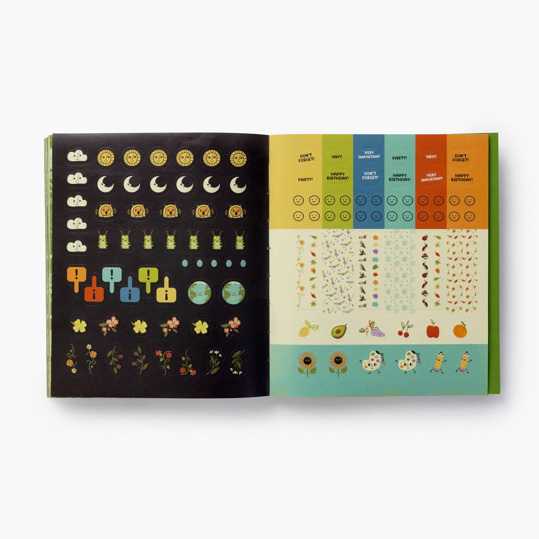 What's Inside Garden Sticker Set, open book spread, displaying sticker sheets with cartoon suns, moons, flowers, fruits, and…