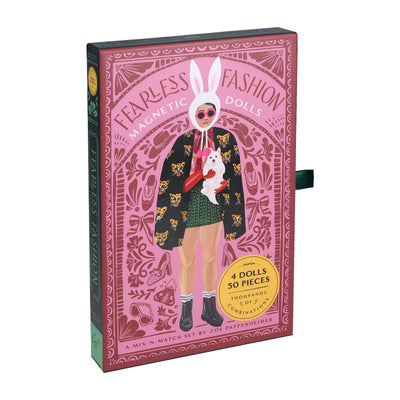 
                    
                      Fearless Fashion magnetic doll set box, pink with bold girl illustration wearing bunny hood, dark green spine, angled view.
                    
                  