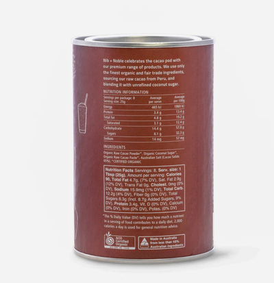 
                    
                      Organic Dark Drinking Chocolate hot chocolate mix, brown canister with white nutrition facts and ingredients label, close-up…
                    
                  