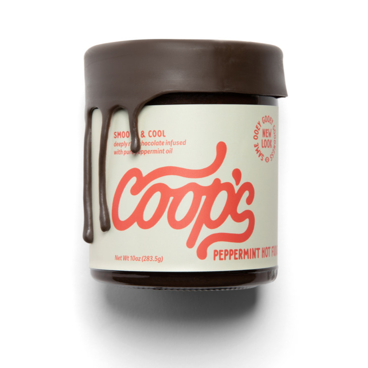 Coop's Peppermint Hot Fudge sauce, 10oz jar with dark chocolate lid, visible chocolate drips, front view on white.