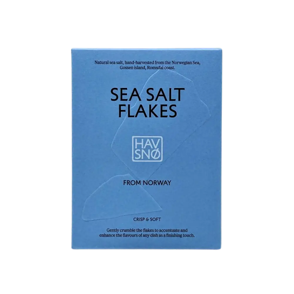 Havsnø Norwegian Sea Salt Flakes, blue box with embossed flake shapes, front view.