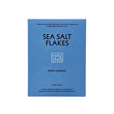 
                    
                      Havsnø Norwegian Sea Salt Flakes, blue box with embossed flake shapes, front view.
                    
                  
