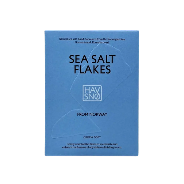 Havsnø Norwegian Sea Salt Flakes, blue box with embossed flake shapes, front view.
