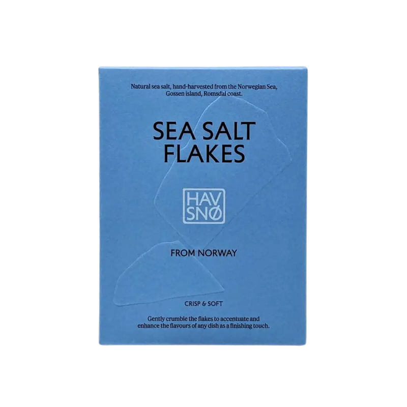 Havsnø Norwegian Sea Salt Flakes, blue box with embossed flake shapes, front view.