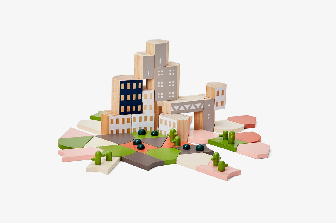 Areaware Blockitecture Desert Garden building blocks, assembled city landscape with natural wood and desert colors, elevated…