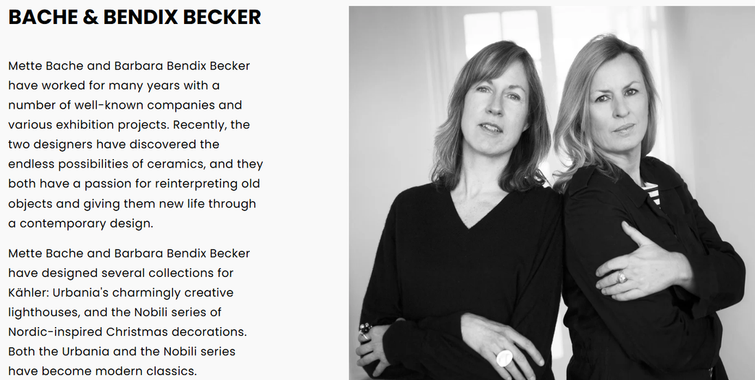 Mette Bache and Barbara Bendix Becker, designers of the Urbania Ceramic Lighthouse Candle Holder, black & white portrait.