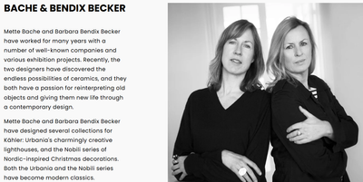 
                    
                      Mette Bache and Barbara Bendix Becker, designers of the Urbania Ceramic Lighthouse Candle Holder, black & white portrait.
                    
                  