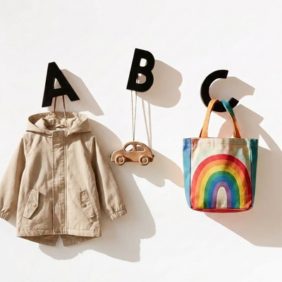 
                    
                      Rock & Pebble Alphabet Wall Hooks - ABC, black solid beech wood, full set mounted on white wall holding a jacket, toy car,…
                    
                  