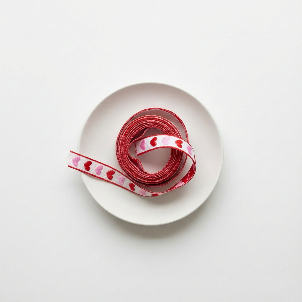 Roll of red ribbon with heart patterns on a white plate against a light gray background