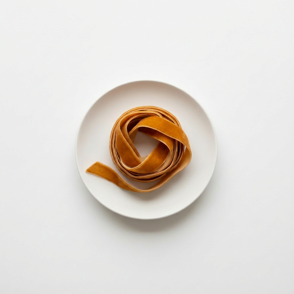 Abigail Jayne Design Amber velvet ribbon, rich amber yellow, coiled neatly on a white plate, flat lay top view.