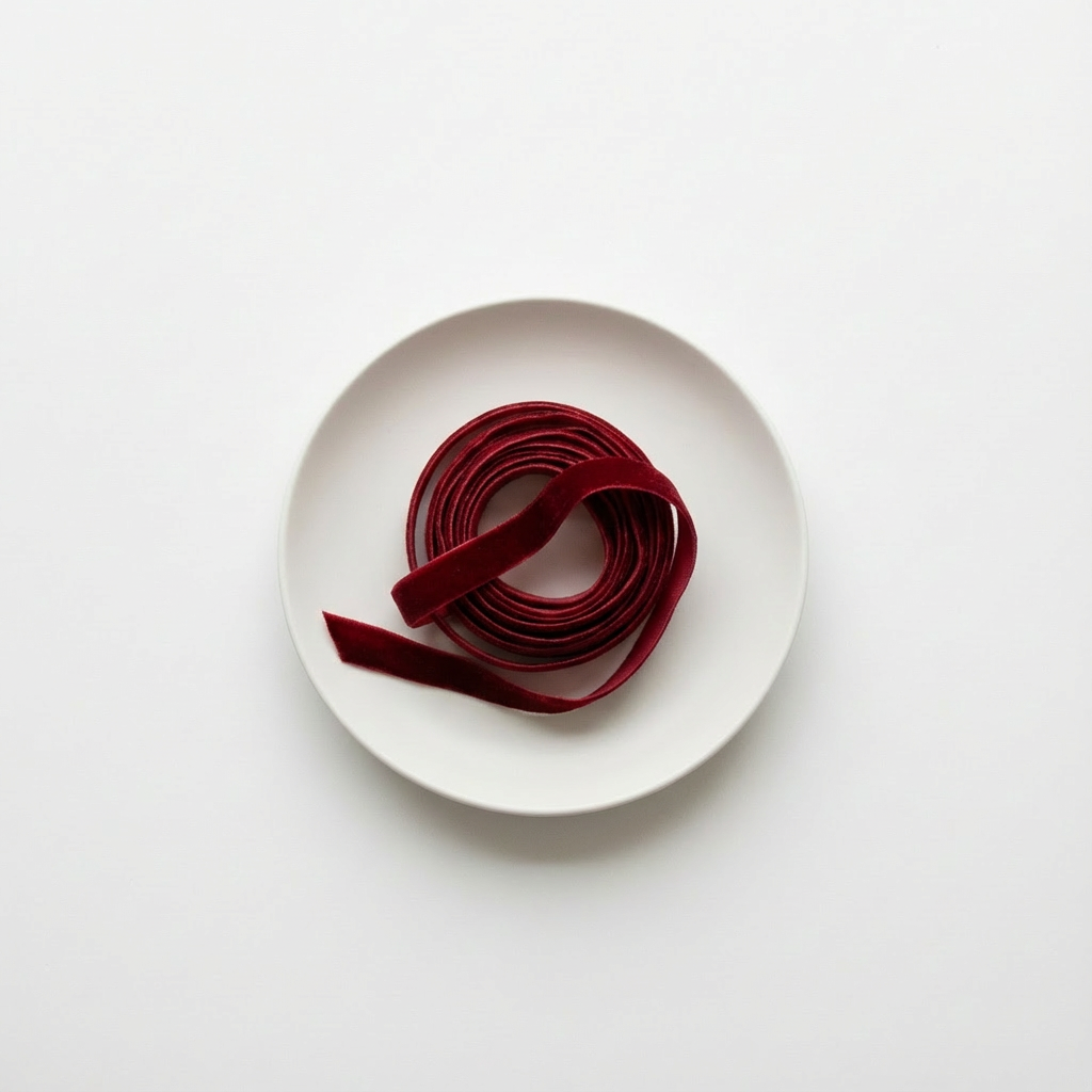 Red ribbon on a white plate against a white background