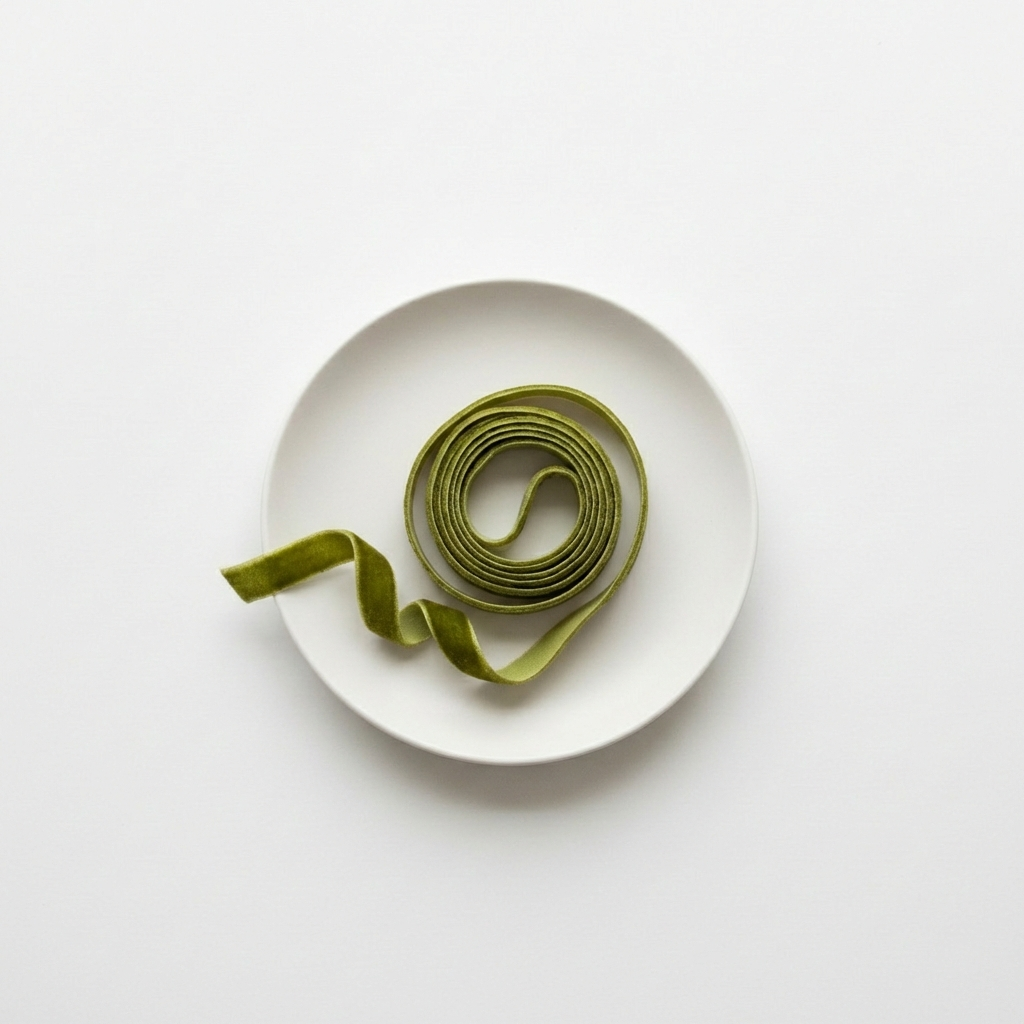 Green ribbon on a white plate against a white background