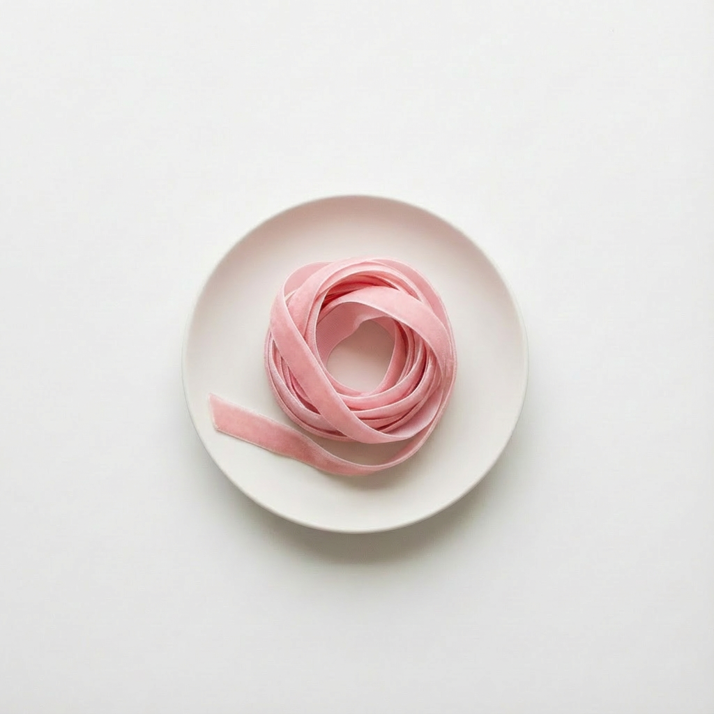 Pink ribbon on a white plate against a light gray background