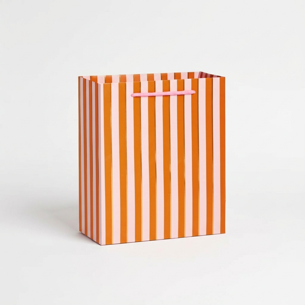 Abigail Jayne Design Sherbert Stripe gift bag with gold foil accents, pink rope handles, front view on white.