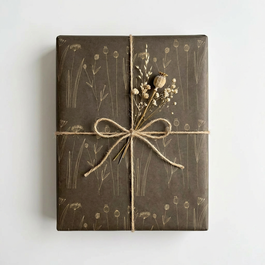 Gift wrapped in brown paper with floral design and tied with string on a white background