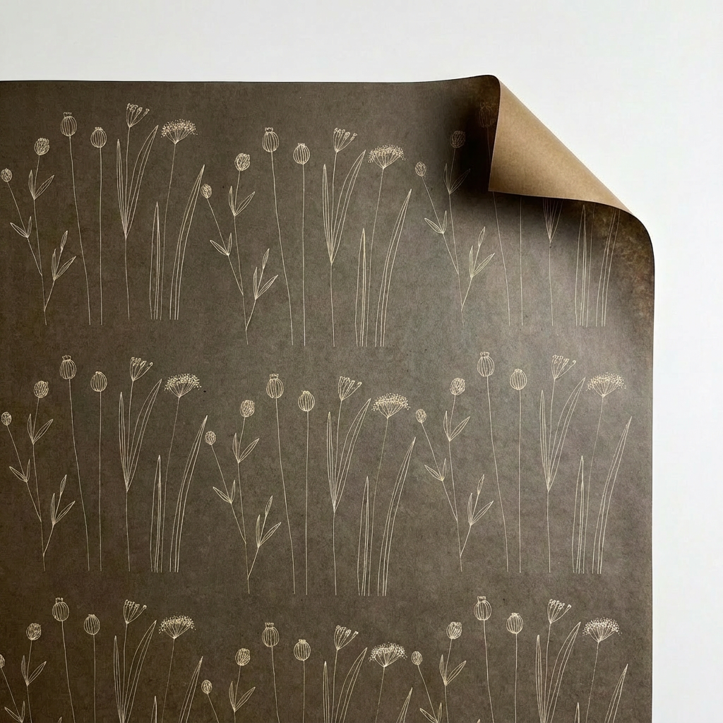 Brown paper with white floral illustrations on a white background
