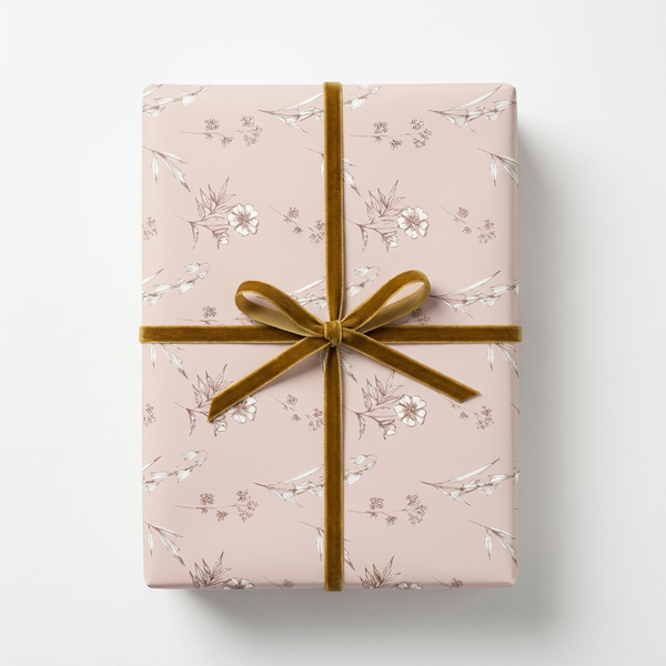 MyDesignPictures Vintage Blooms Wrapping Paper, pink with delicate botanical line art, wrapped gift with olive green velvet…