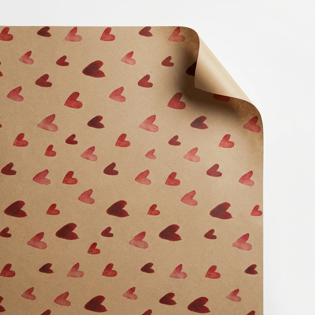 Brown paper with red heart pattern on a light gray background