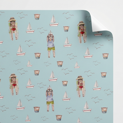 
                    
                      Summer Wrapping Paper by Agnese Grīnberga, light blue with repeated watercolor illustrations of beach bathers, sailboats,…
                    
                  