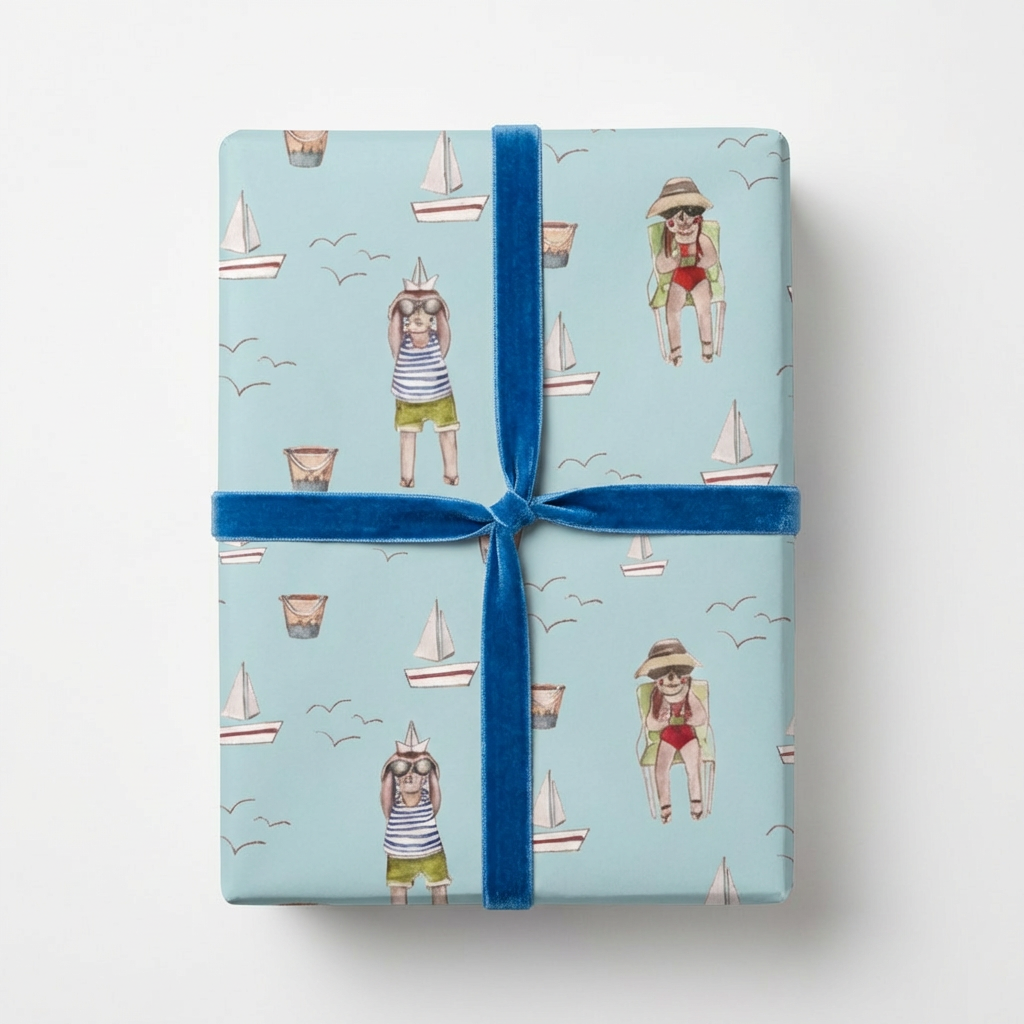 Summer wrapping paper with light blue sailing and beach illustrations, wrapped as a gift and tied with a blue velvet ribbon.