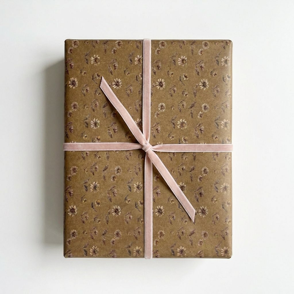 Gift box wrapped in brown floral paper with a pink ribbon on a white background