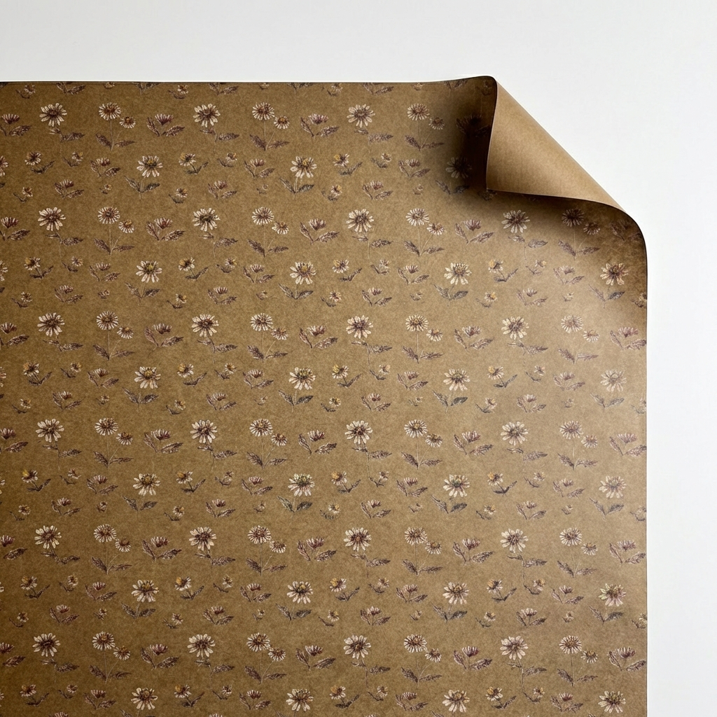 Brown floral patterned paper with a corner folded back on a white background