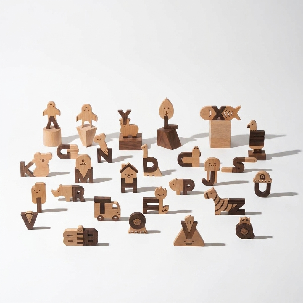 Oioiooi Alphabet Play Blocks, full set of wooden alphabet blocks in beech and walnut wood, scattered on white.