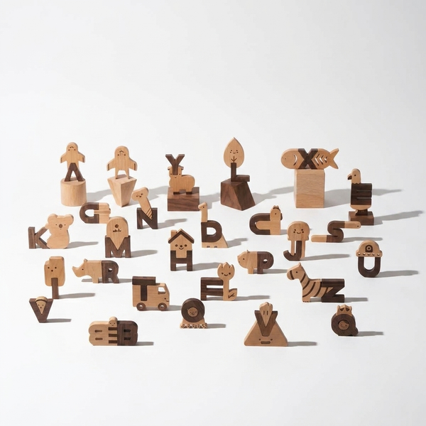Oioiooi Alphabet Play Blocks, full set of wooden alphabet blocks in beech and walnut wood, scattered on white.