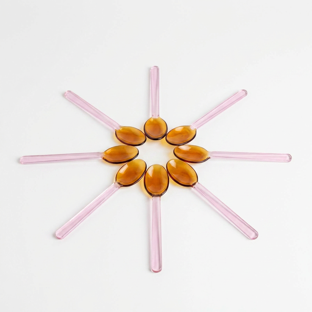 Pink and amber glass spoons on a white background